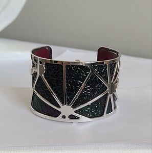 Vintage Les Georgettes Convertible Black Wine Silver Leather Open Cuff Bracelet
